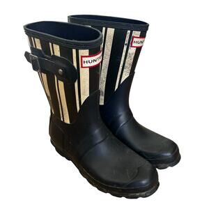 Hunter Black White Striped Rain Boots Sz 6